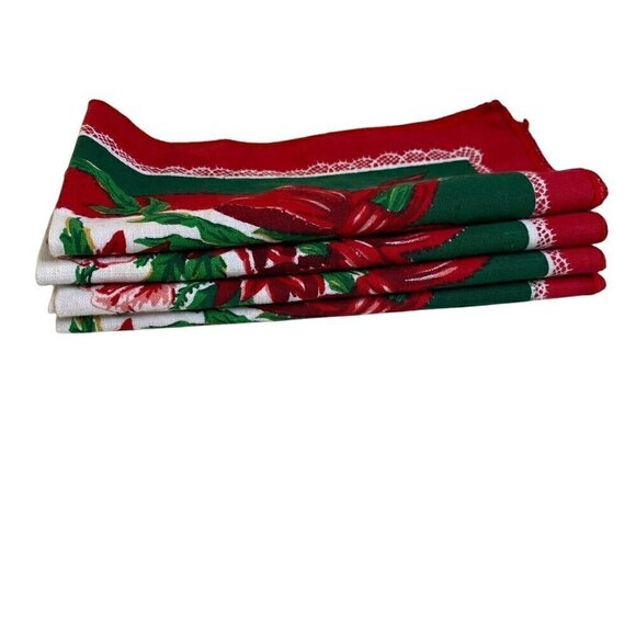 Set of 4 Linen Holiday Christmas Napkins Floral Poinsettia - Picture 3 of 3